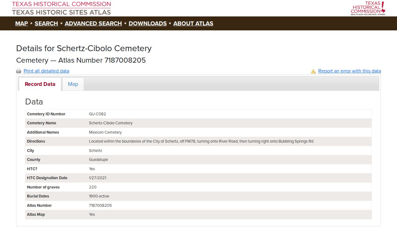 Texas Historical Commission record for Schertz-Cibolo Cemetery in historical household research