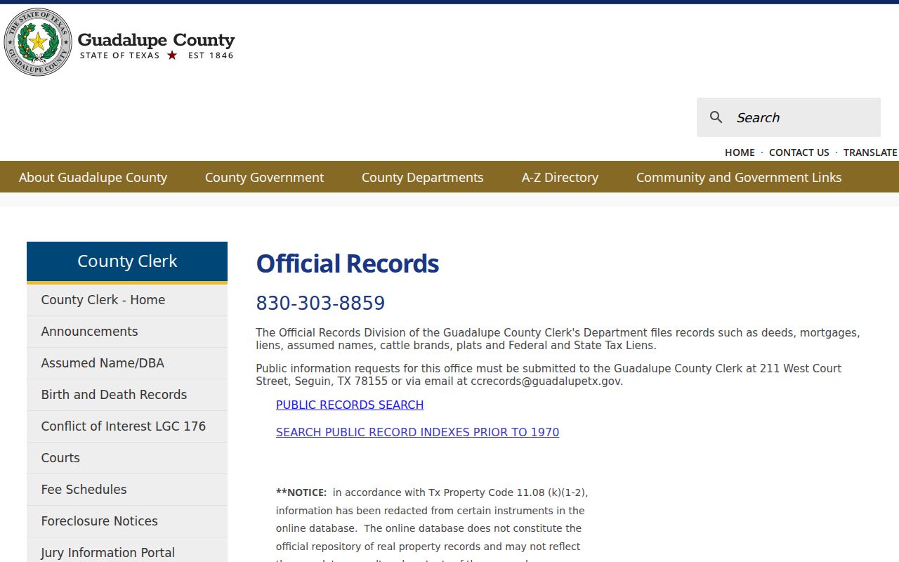 Guadalupe County Clerk official public records page for Cibolo deed and plat research